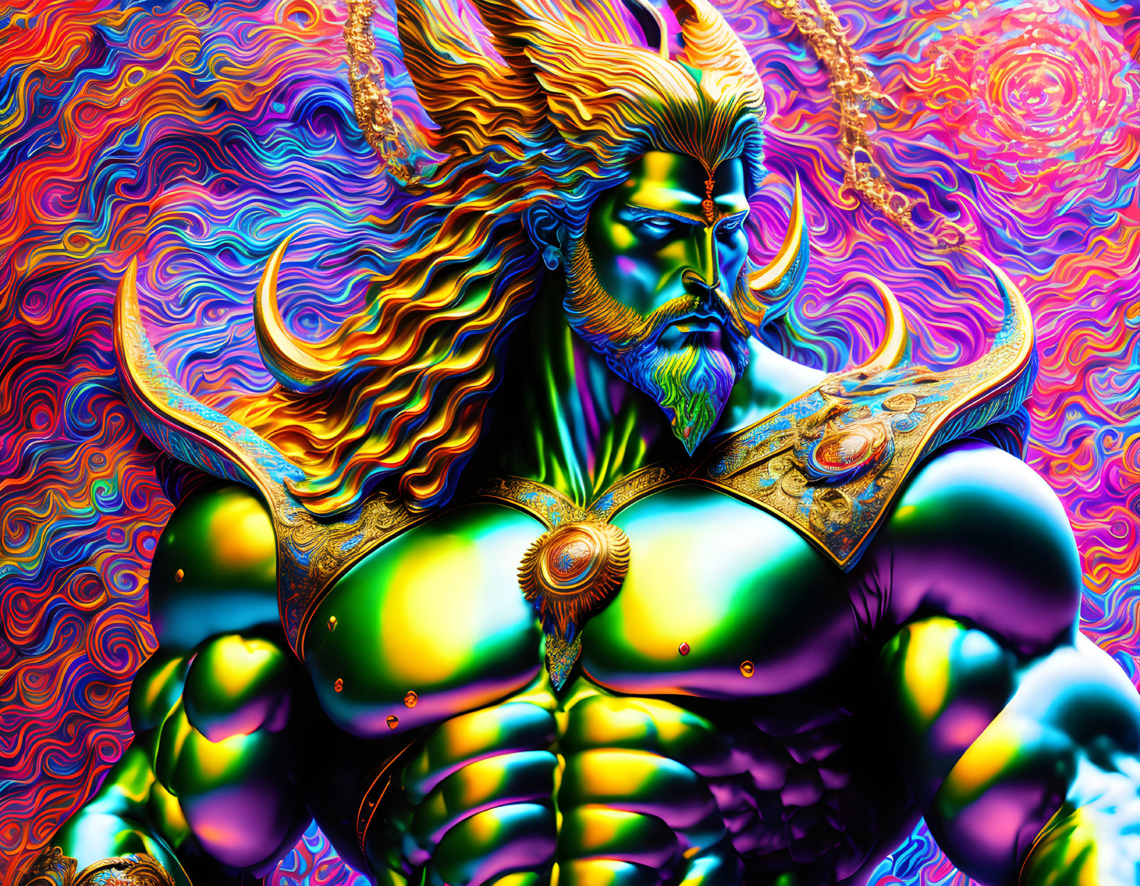 Muscular armored warrior with golden hair in vibrant digital art