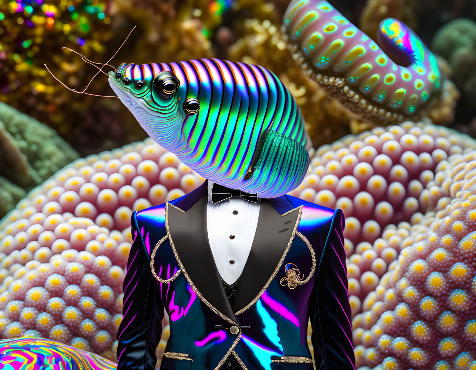 Colorful Fish Man in Tuxedo Amid Marine Reef