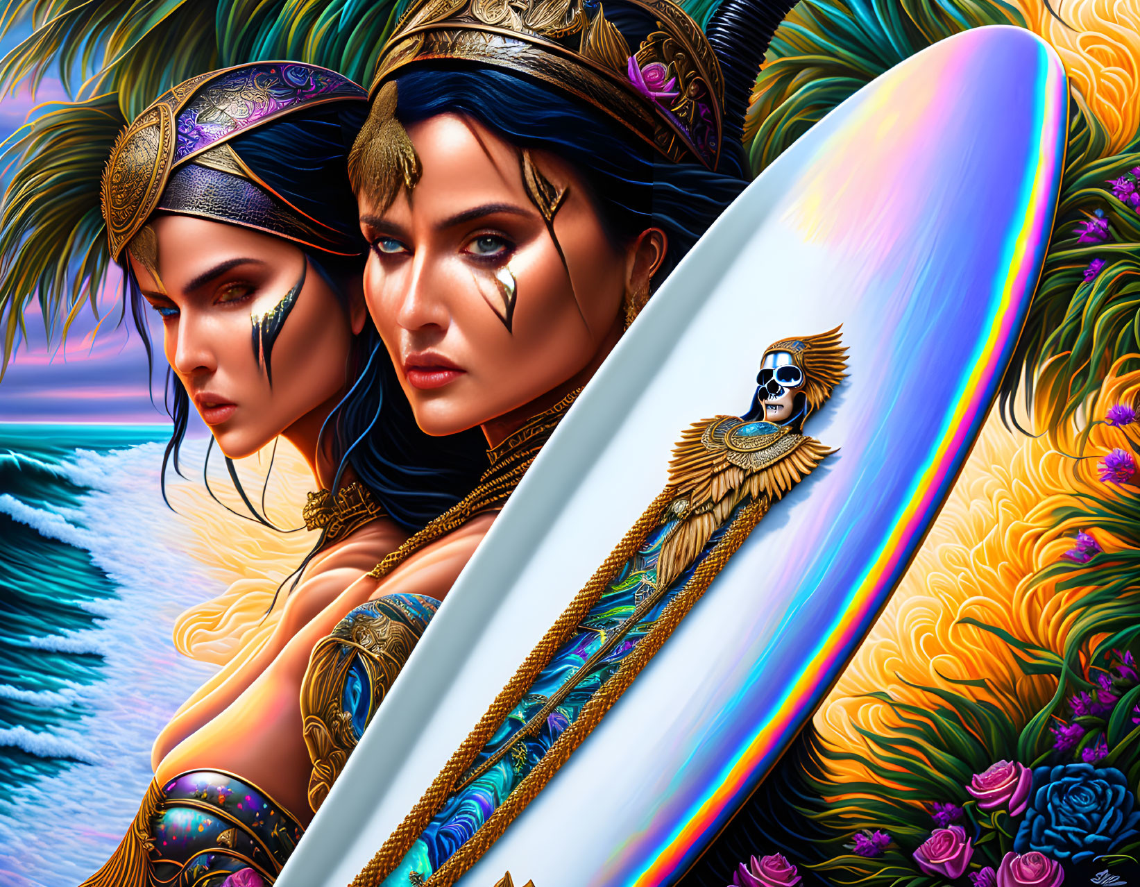 Stylized women in golden armor with elaborate headgear against vibrant tropical backdrop