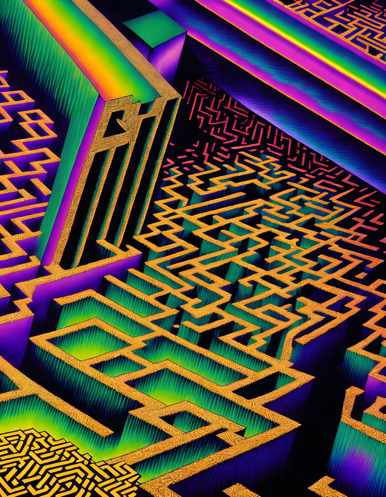 Colorful Neon Rainbow Labyrinth Art with Geometric Shapes