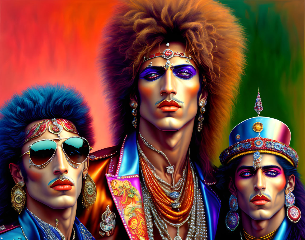 Colorful figures in glam rock attire against vibrant backdrop