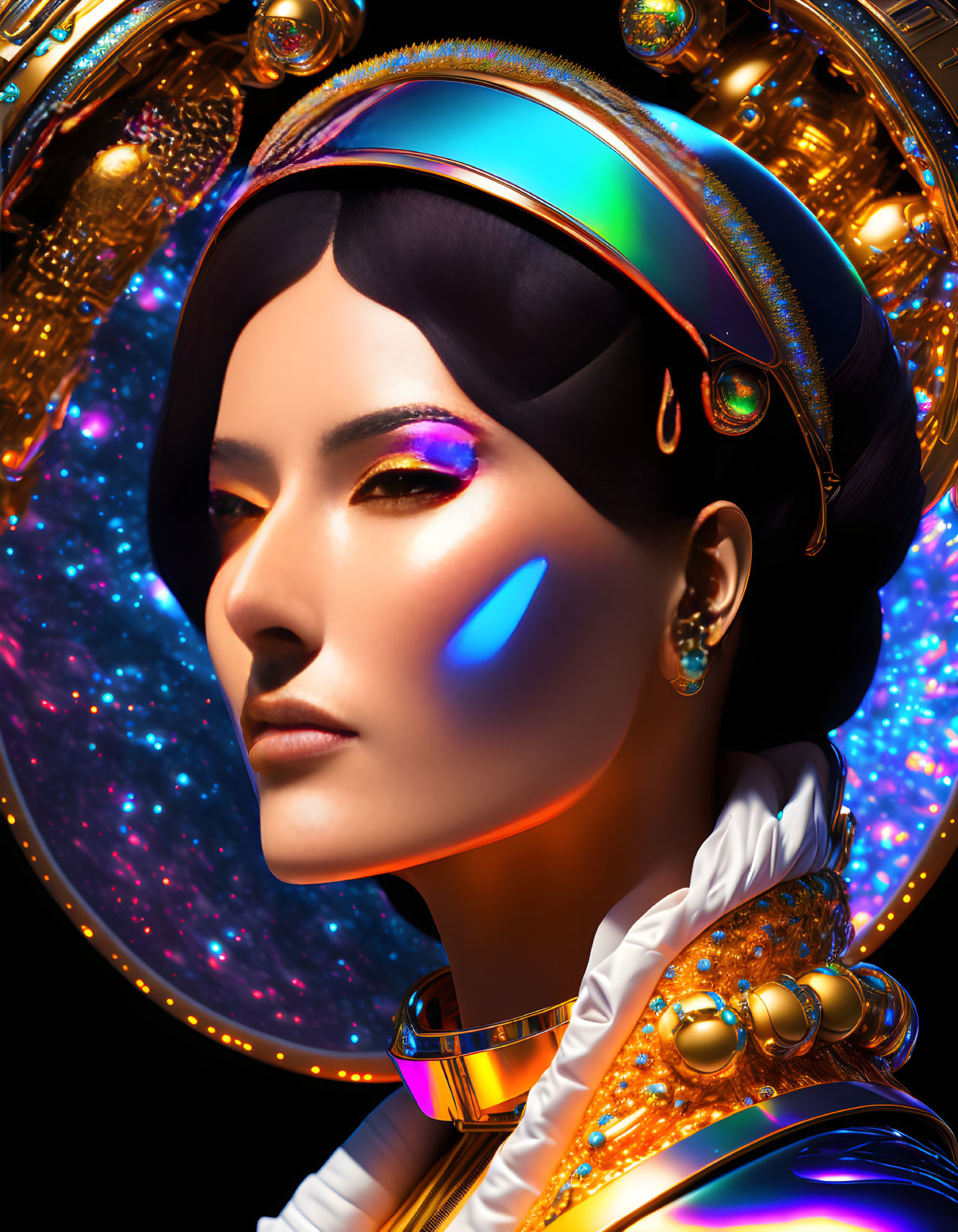 Futuristic digital art portrait of woman in cosmic attire