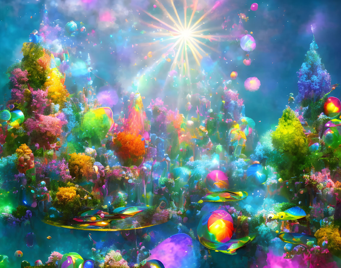 Colorful Trees, Floating Islands, Glowing Fish in Magical Landscape