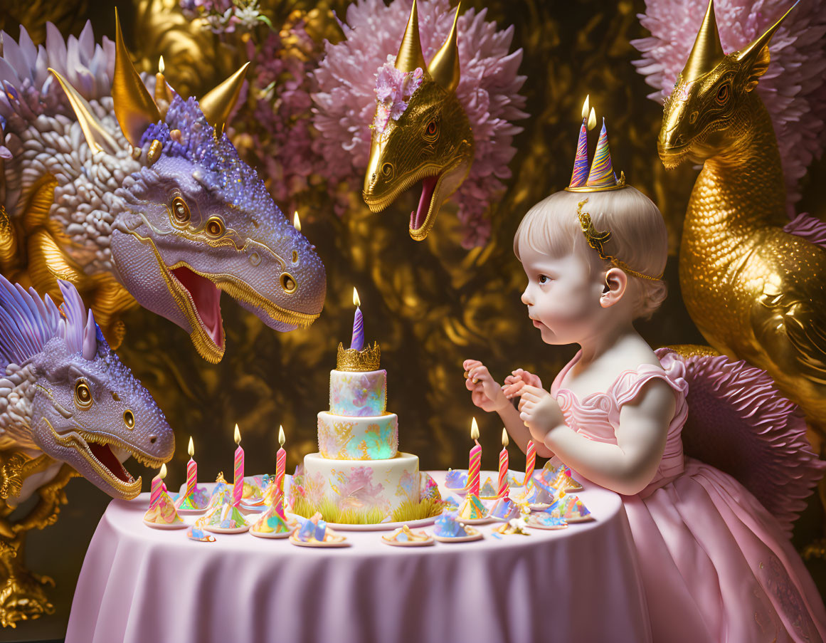 Toddler in pink dress at birthday party with whimsical dragons