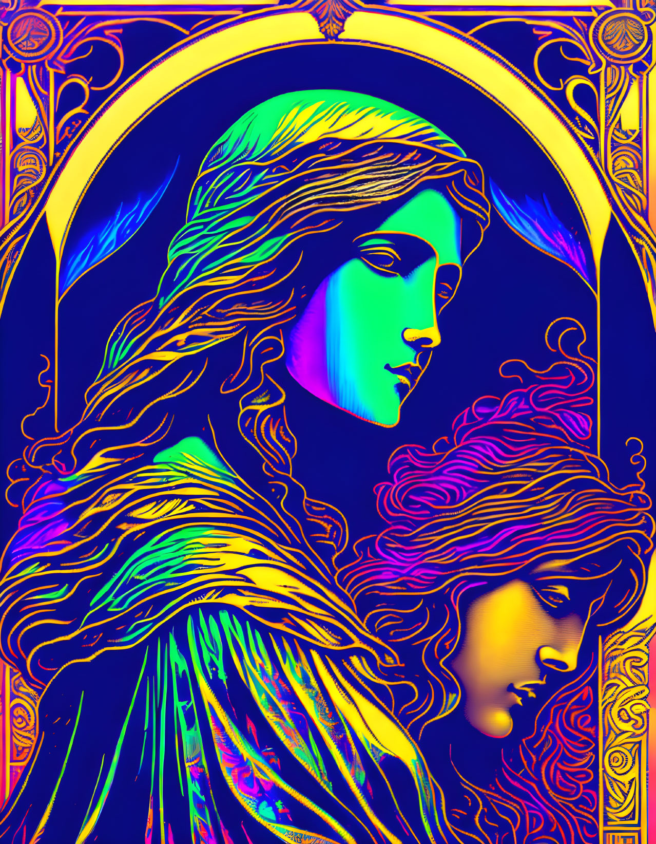 Colorful Stained-Glass Style Artwork of Women with Flowing Hair