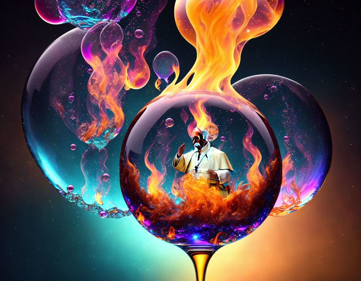 Colorful digital artwork: Flaming bubbles with person reading in cosmic setting