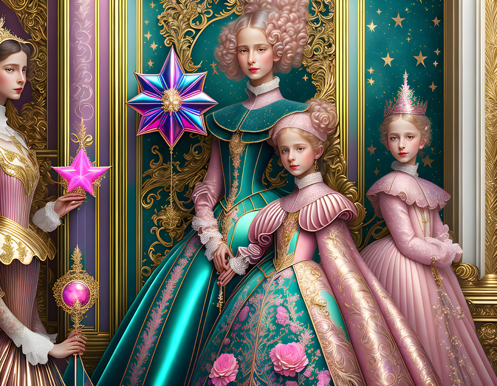 Four regal women in ornate Renaissance-style dresses with stars and intricate patterns.