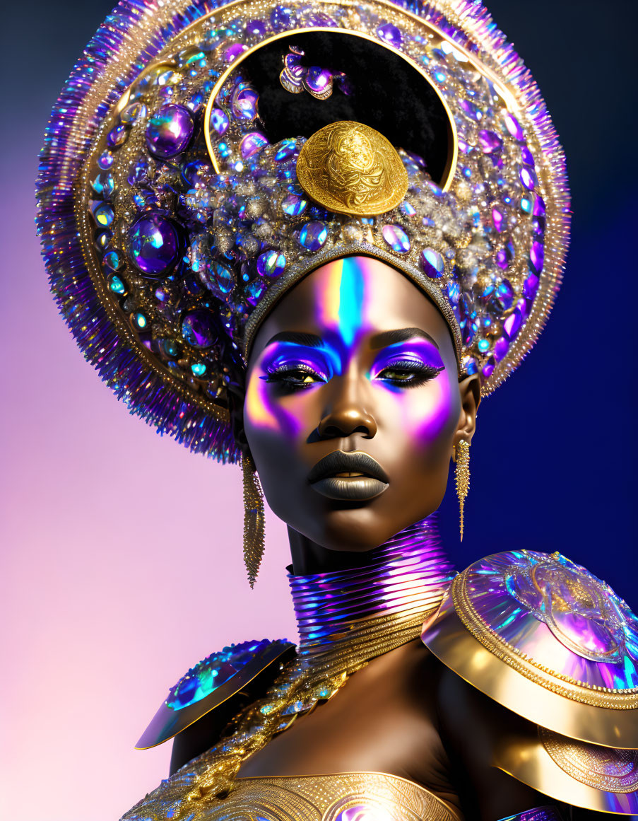 Digital artwork featuring woman with golden headgear, intricate makeup, and ornate armor on gradient background