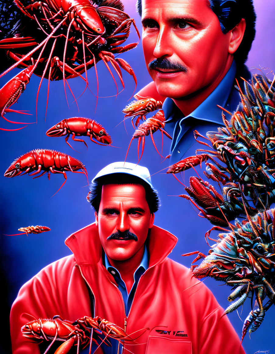 Detailed Illustration: Man with Mustache in Red Jacket Surrounded by Lobsters on Blue Background