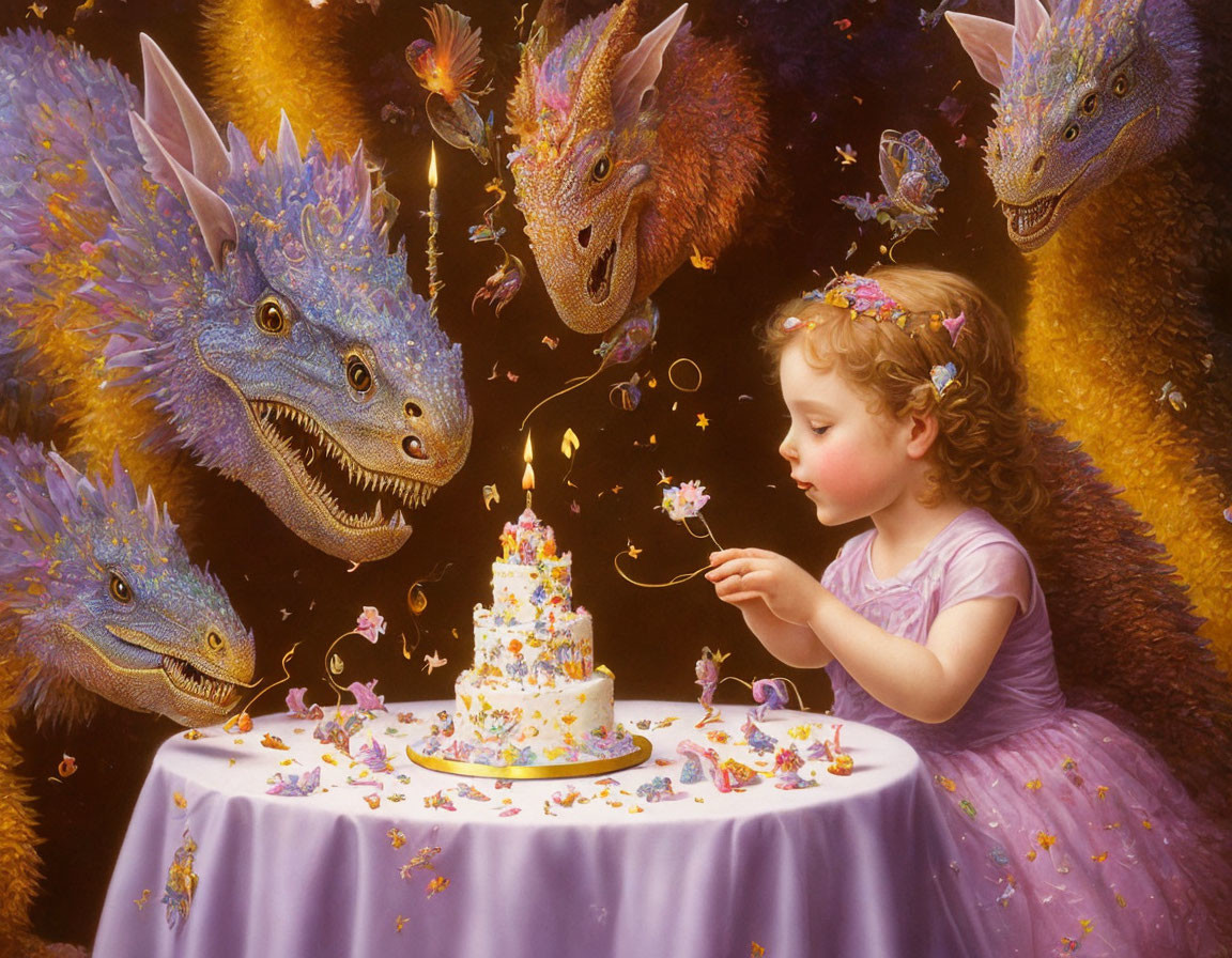 Young girl decorates cake with friendly dragons in fantasy scene