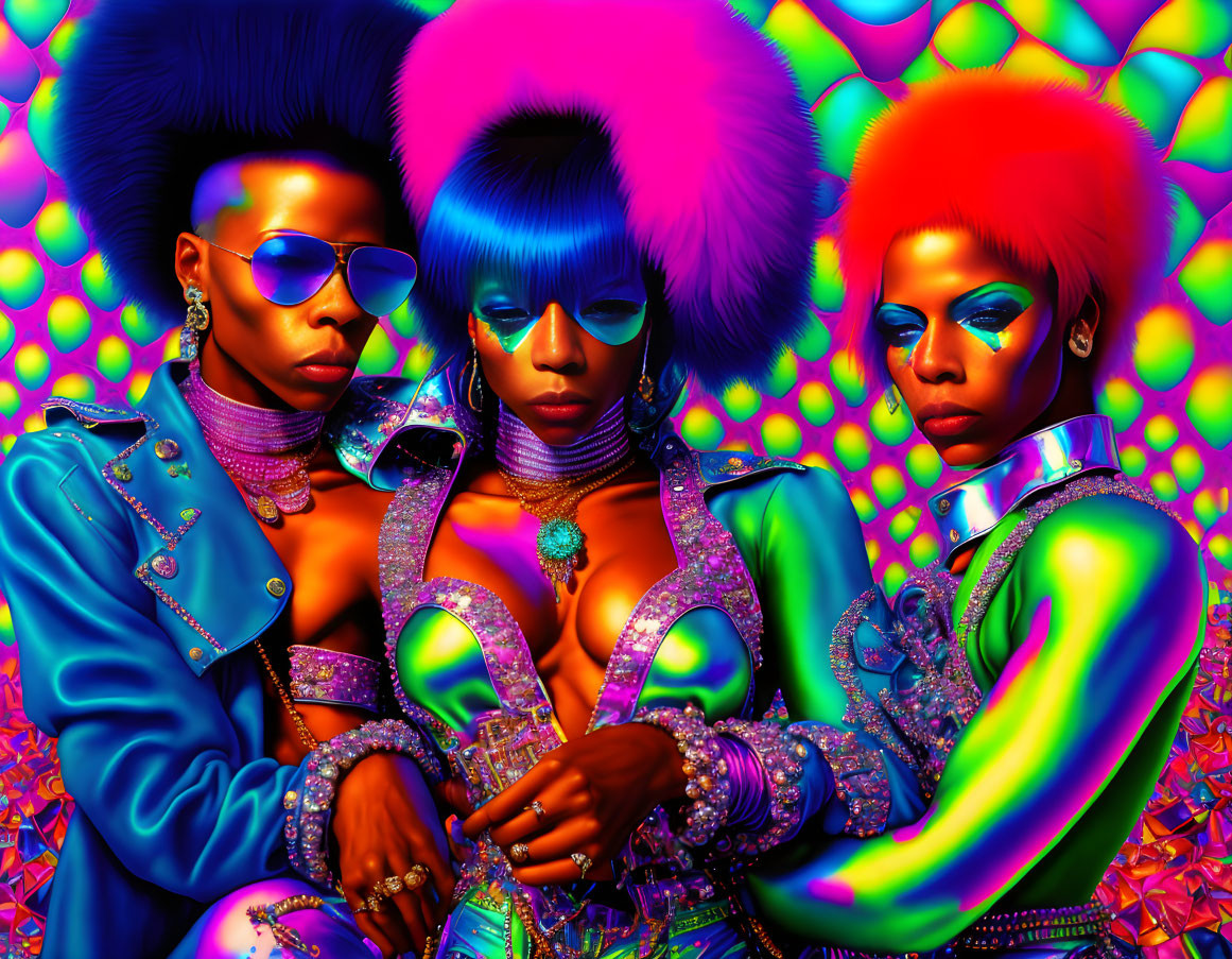 Three people in punk attire and hairstyles on colorful backdrop