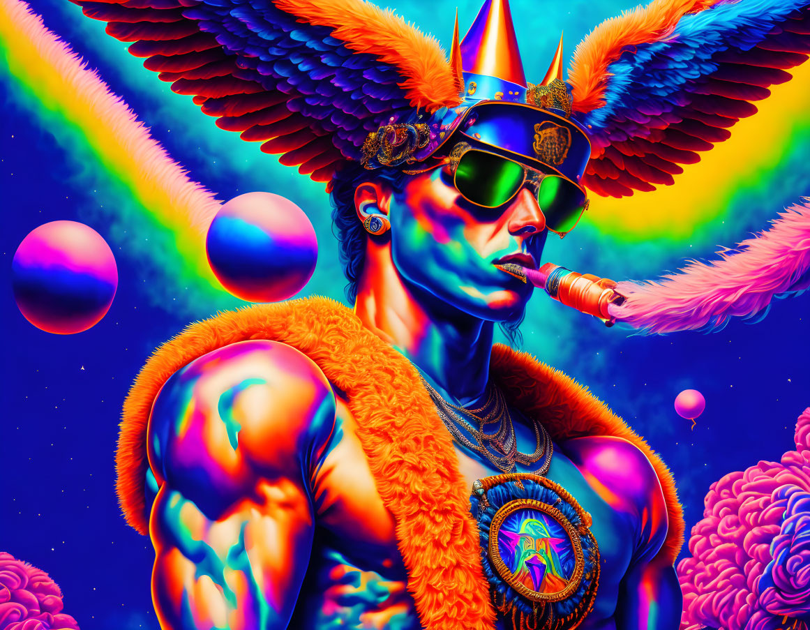 Colorful Psychedelic Artwork: Muscular Figure with Wings and Crown Holding Cigar