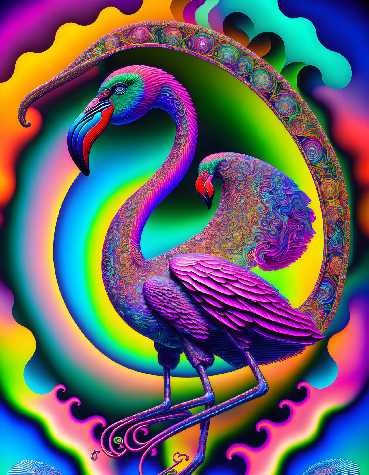 Colorful psychedelic flamingo art with intricate patterns in a surreal style