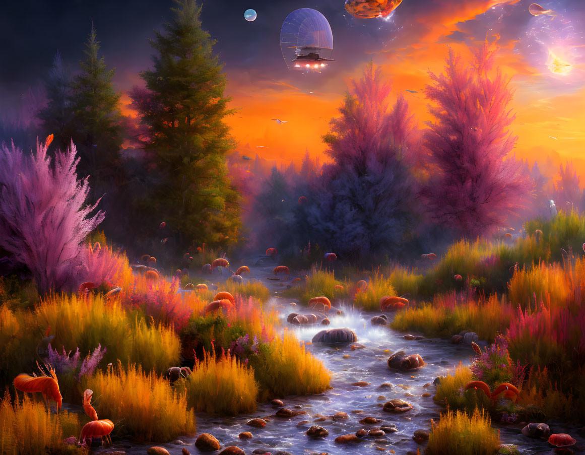 Colorful fantasy landscape with stream, orbs, and hot air balloons at sunset