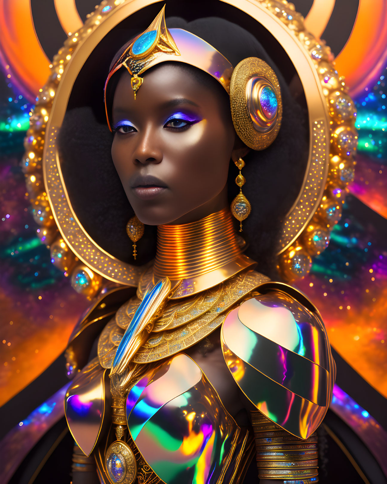 African Queen in Golden Armor with Cosmic Halo and Jewels