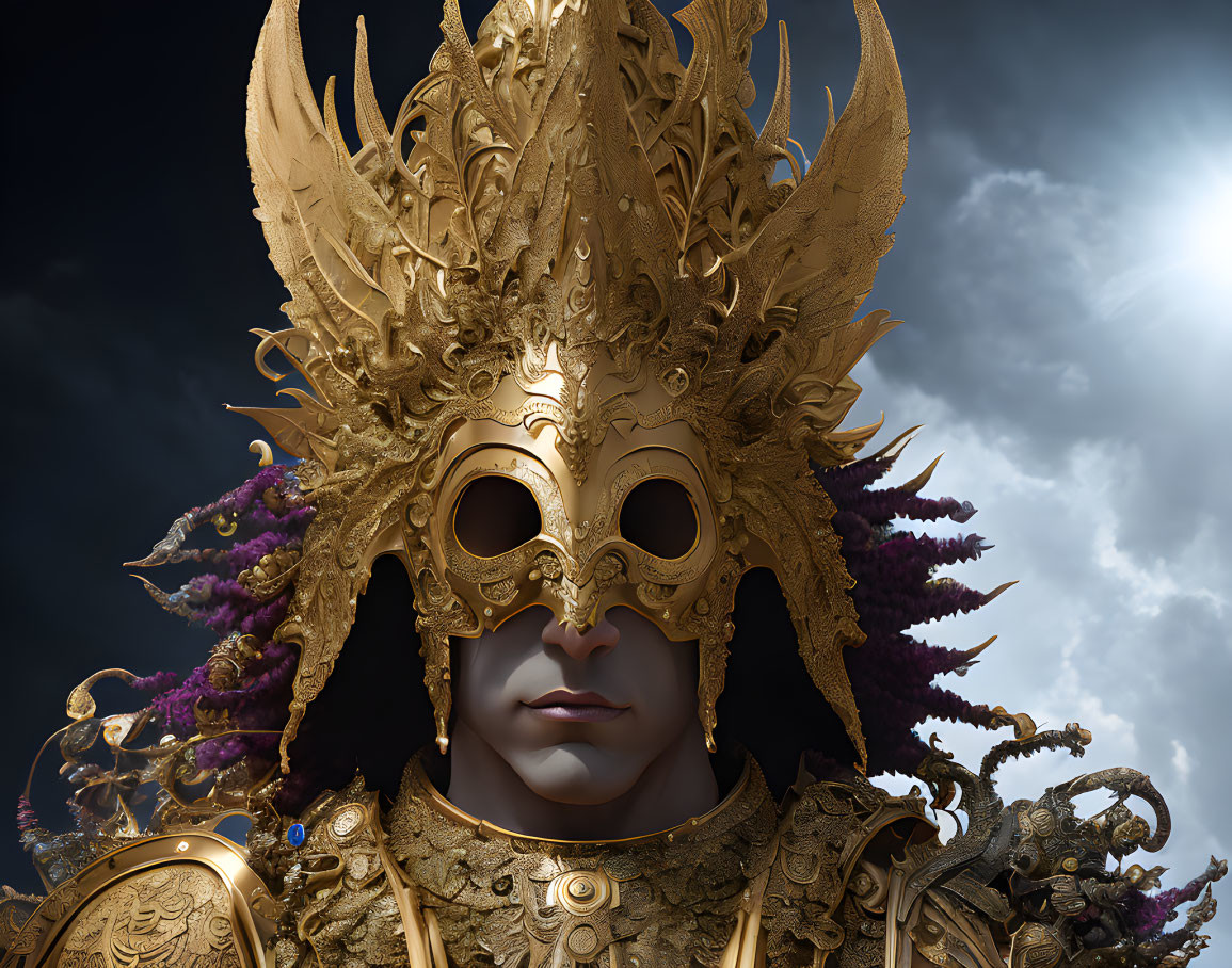 Ornate golden mask with intricate designs and feathers for a Venetian carnival.