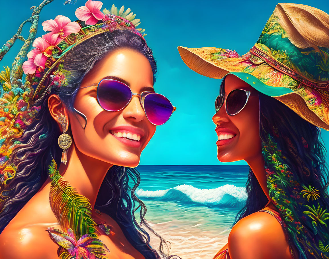 Smiling women in tropical attire on beach with ocean view