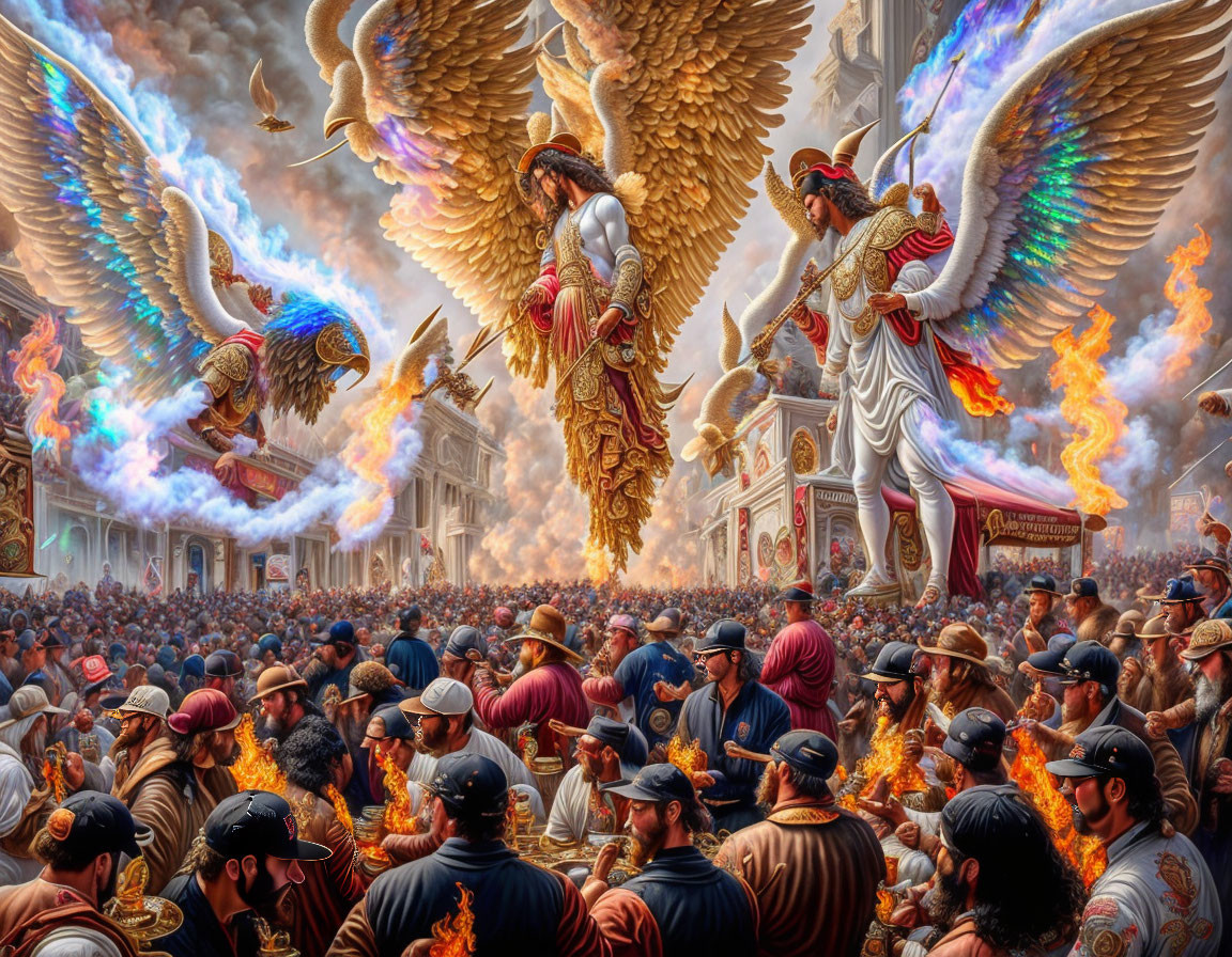 Epic Gathering with Giant Angels in Armor and Fiery Wings