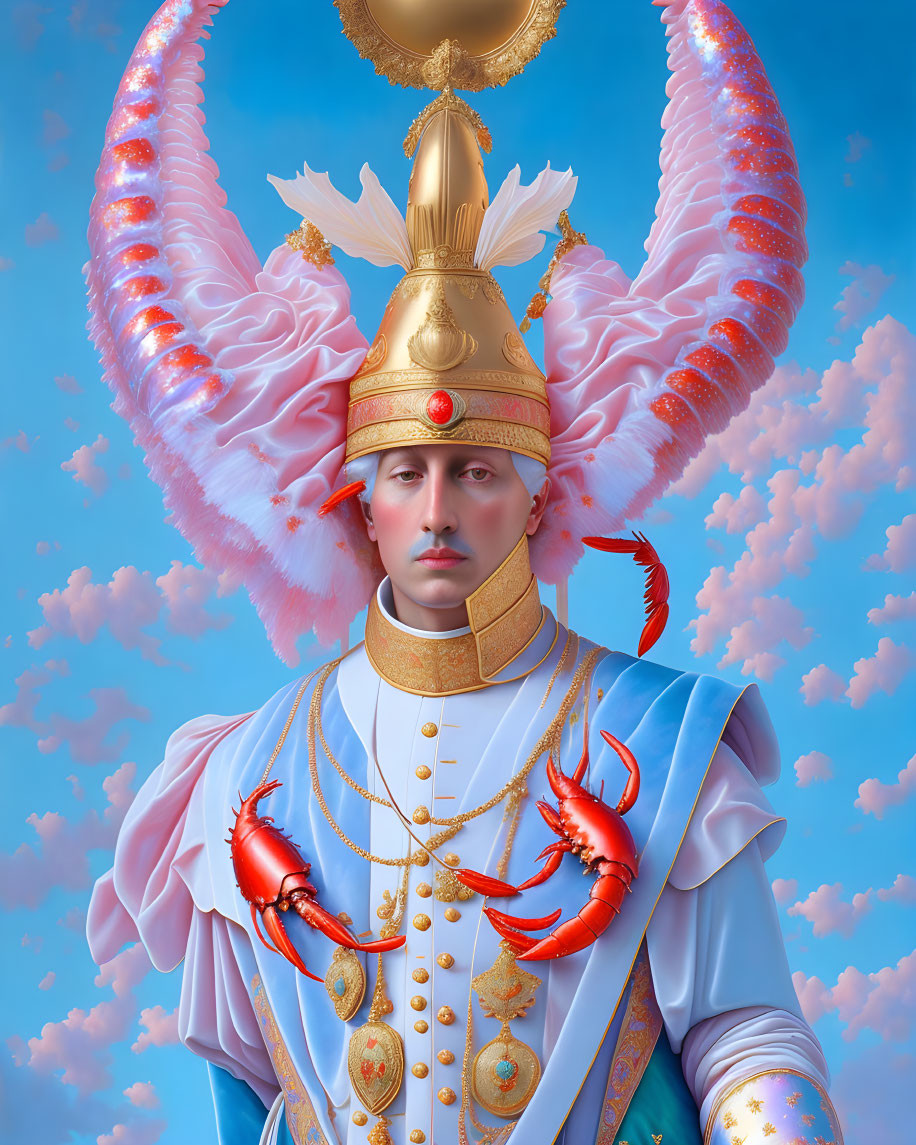 Surreal portrait of person with white angelic wings in celestial-themed uniform.