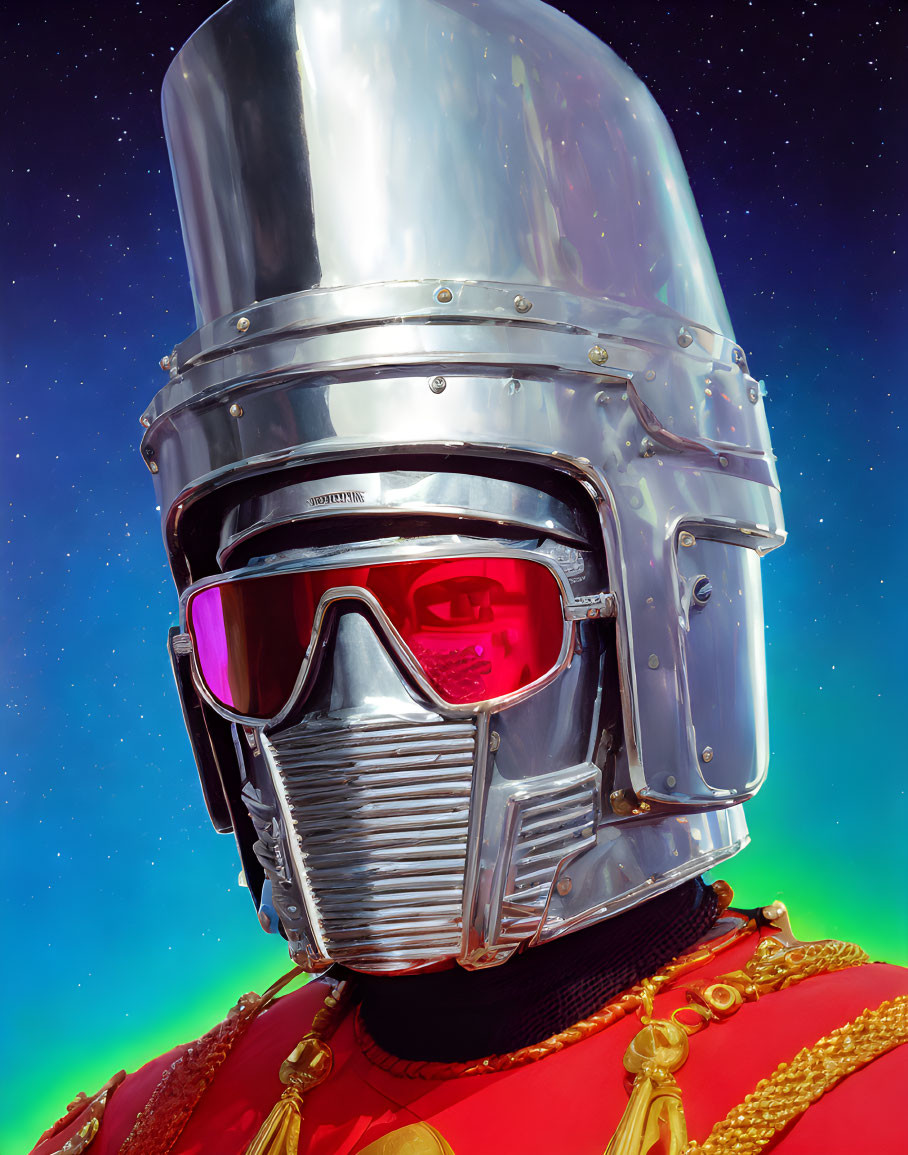 Futuristic helmet with pink reflective goggles and red armor on starry background