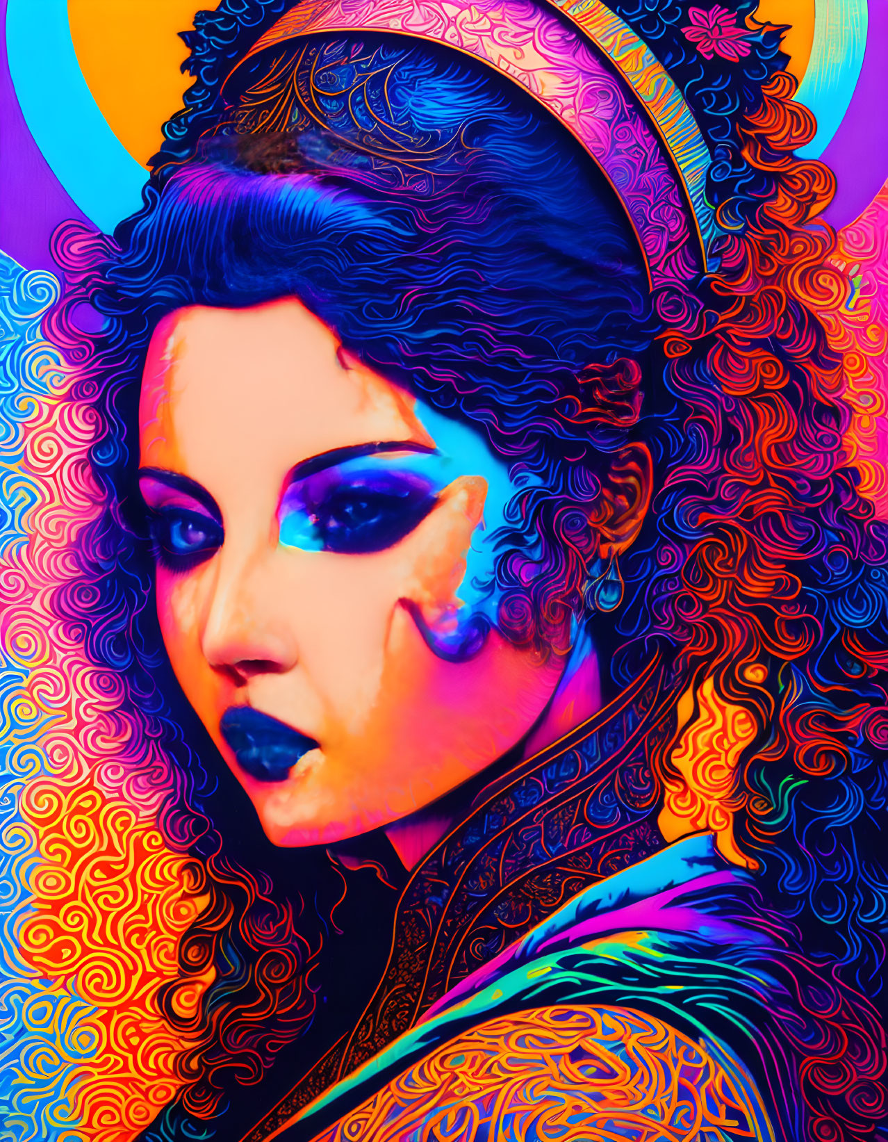 Colorful digital portrait of a woman with intricate patterns and psychedelic style