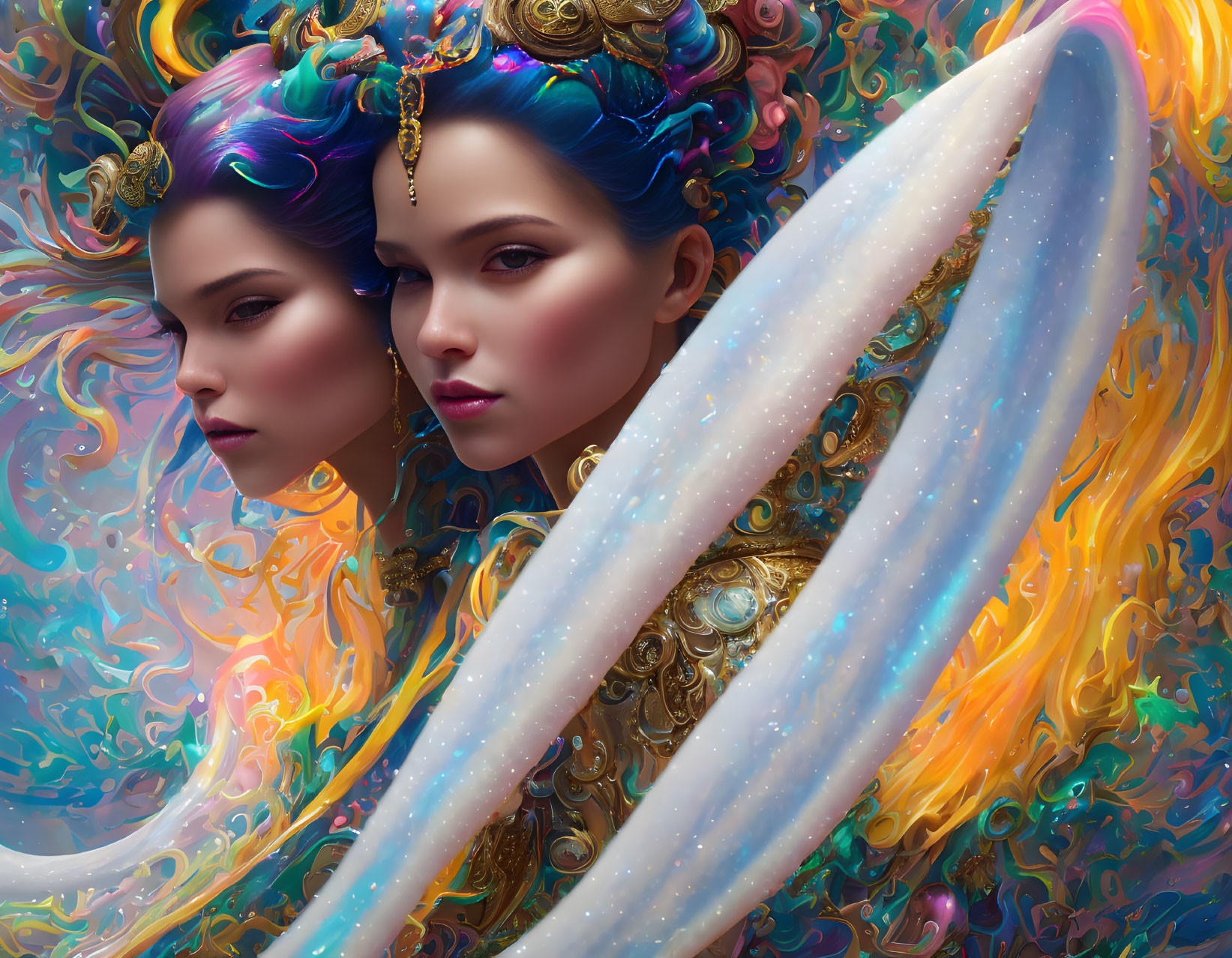 Ethereal women with colorful hair and ornate jewelry in swirling galaxy pattern