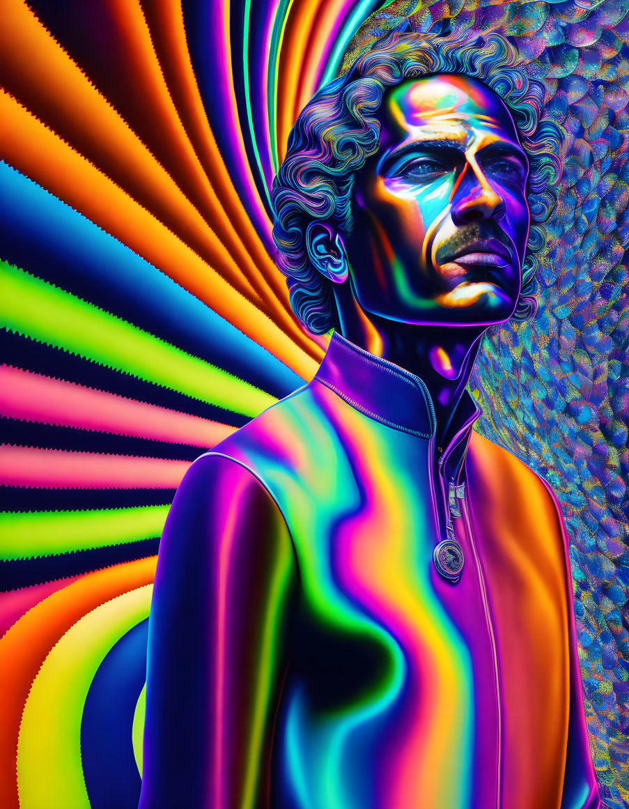 Colorful portrait featuring iridescent skin tones on a psychedelic background