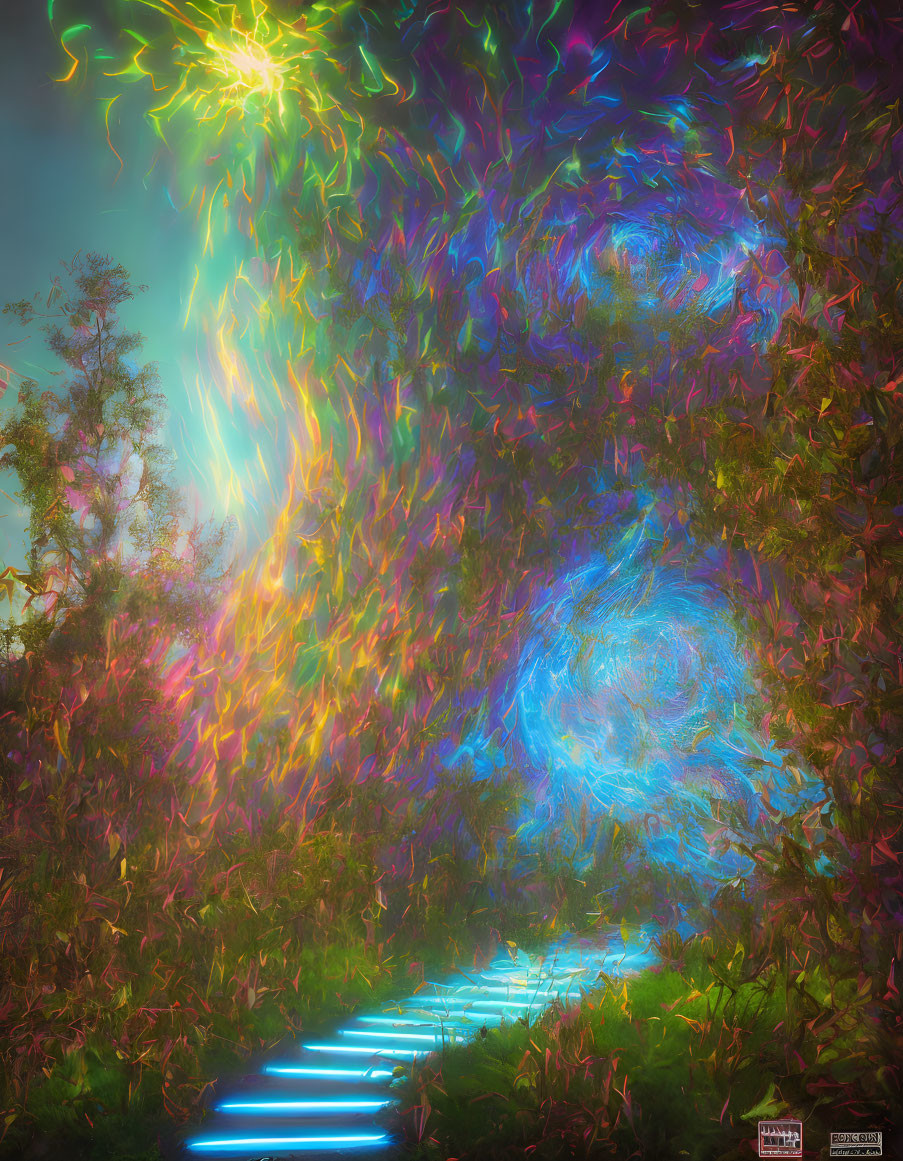 Abstract forest scene with colorful sky and illuminated path