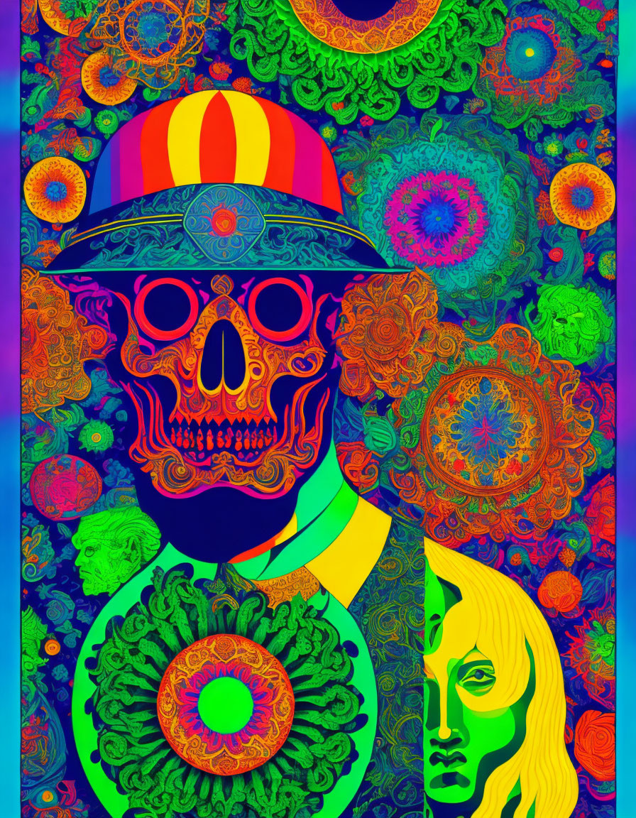 Colorful Psychedelic Skull Illustration with Striped Hat and Intricate Patterns