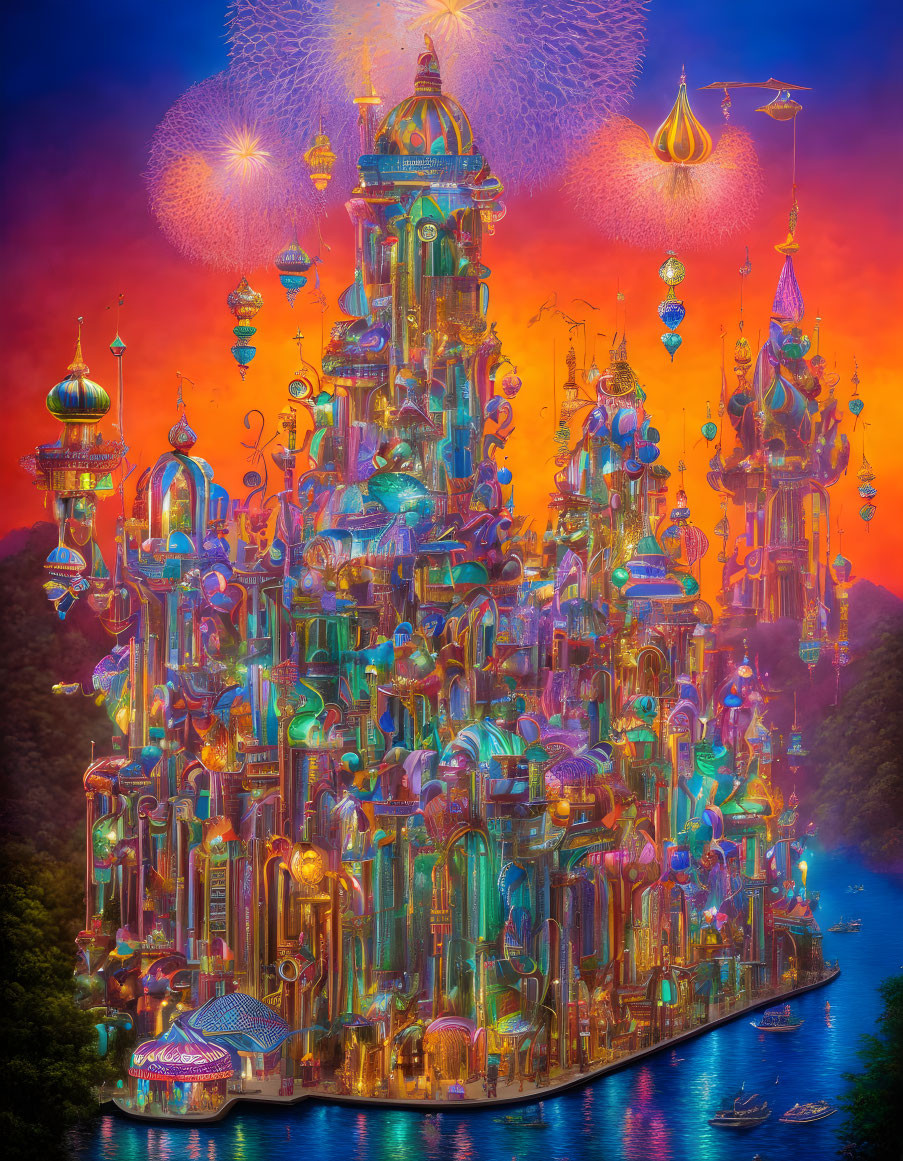 Fantastical multicolored cityscape with floating lanterns and night sky.