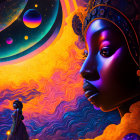 Colorful profile illustration of a woman with neon blue skin on a psychedelic celestial background