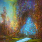 Abstract forest scene with colorful sky and illuminated path