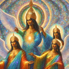 Illustration of multi-armed winged goddess with three forms in golden attire against cosmic backdrop