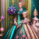 Four regal women in ornate Renaissance-style dresses with stars and intricate patterns.