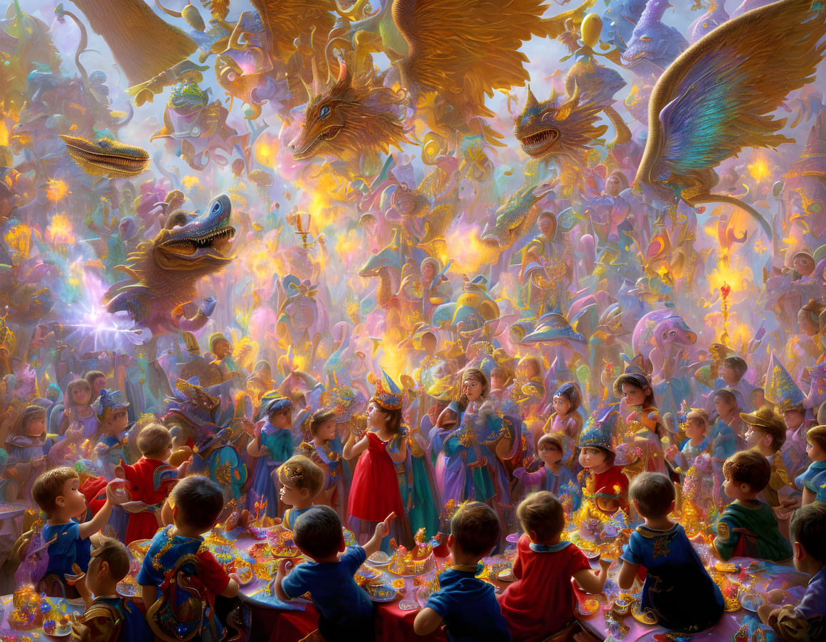 Fantasy gathering with children and dragons in a luminous setting