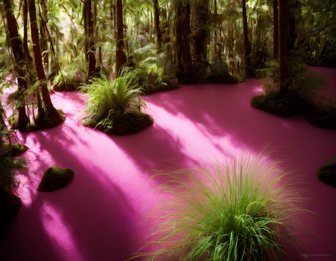 Vibrant pink riverbed in mystical forest scene