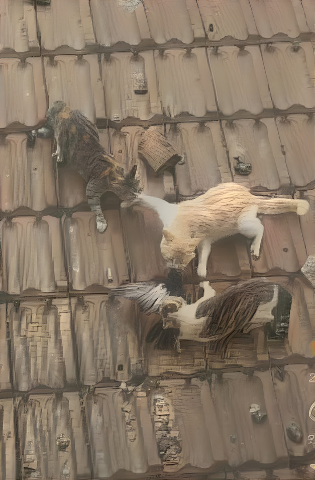 Three cats, one pigeon, a roof. 