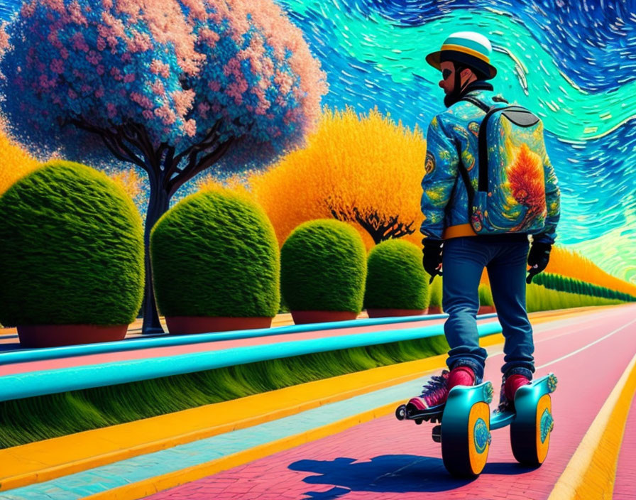 Colorful Hoverboard Rider on Vibrant Path Amid Lush Nature