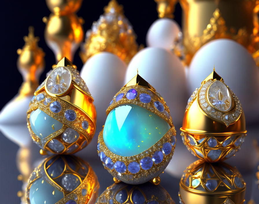 Exquisite jeweled eggs with gold detailing and gemstones on reflective surface