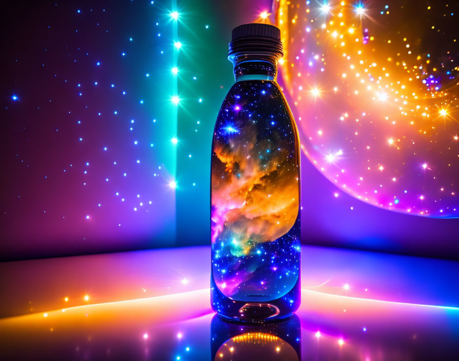 Colorful Galaxy Pattern Bottle Illuminated by Lights