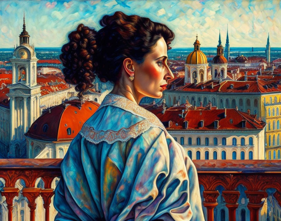 Elaborate updo and lace-trimmed shawl against historic cityscape