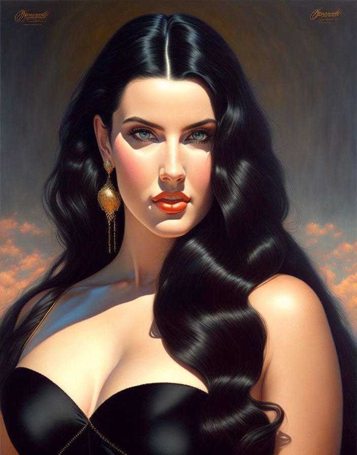 Portrait of Woman with Long Wavy Black Hair and Blue Eyes