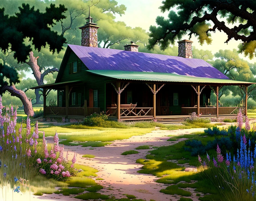 Purple-roofed wooden house in serene garden clearing