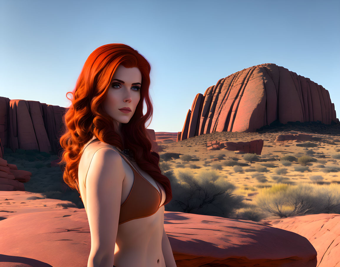 Red-haired woman in desert with rock formations and blue sky