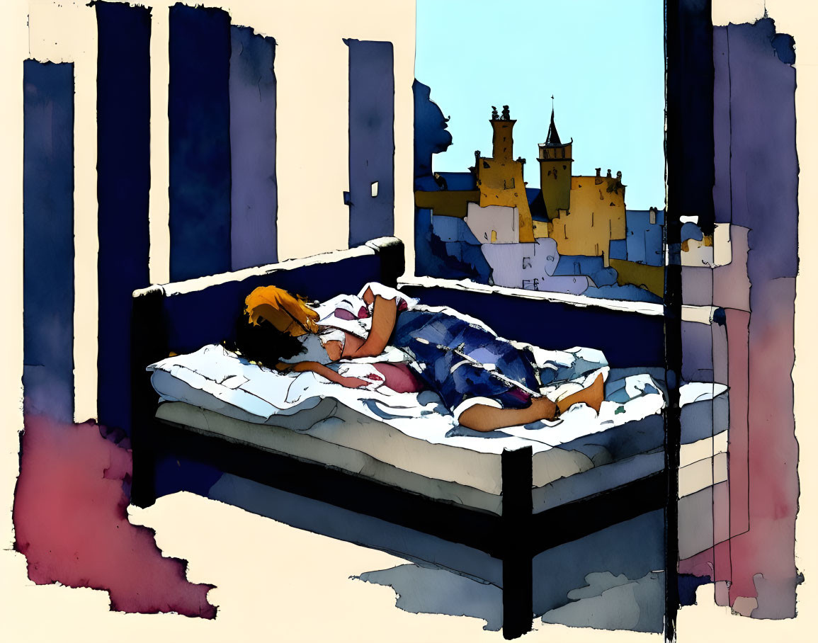 Person Sleeping Outdoors on Bed with Urban Landscape Background