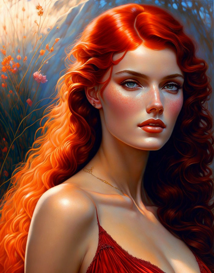 Vibrant red-haired woman in wildflower backdrop with intense blue eyes