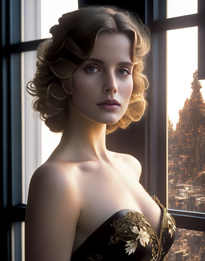 Curly updo woman in black dress with gold accents by city sunset window.