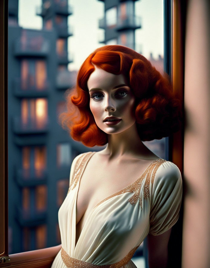 Stylized image of woman with red hair in cream dress