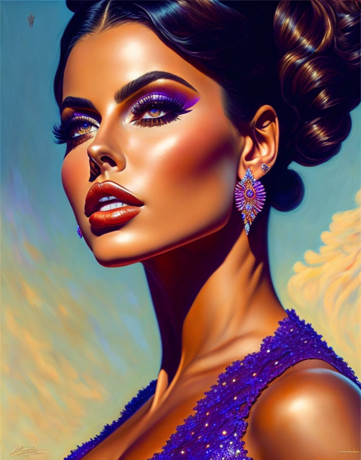 Vibrant woman illustration in purple attire with striking makeup