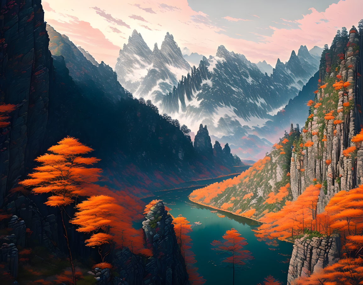 Scenic autumn landscape with river, mountains, and cliffs